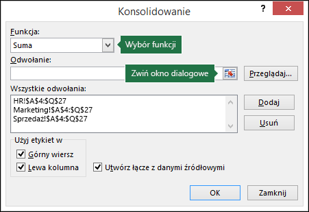 Okno dialogowe Konsolidowanie danych