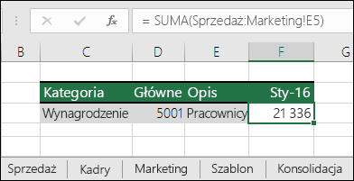 Formuła z odwołaniem 3D do arkuszy w programie Excel